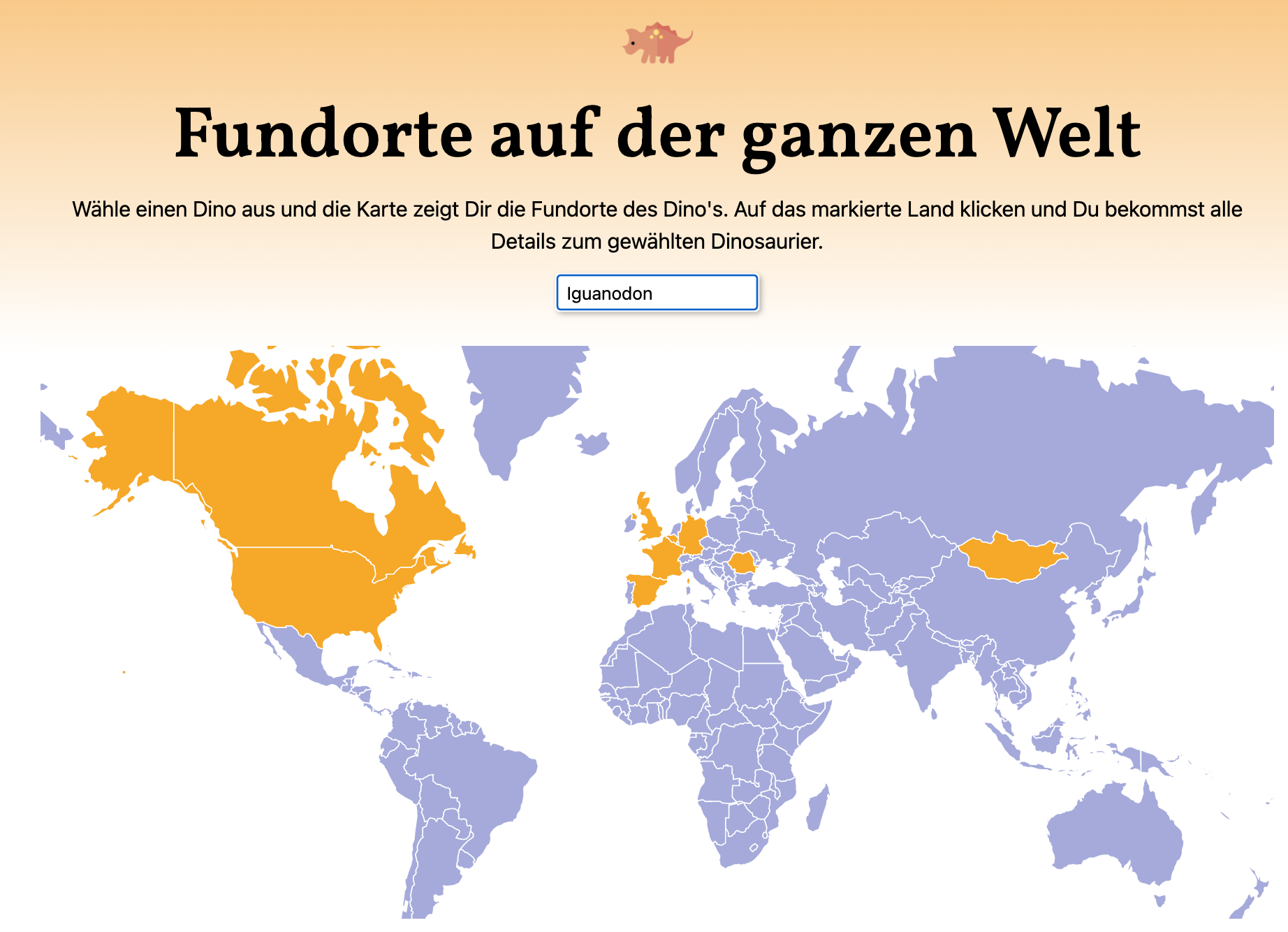 map with the localities of the different dinosaurs around the world