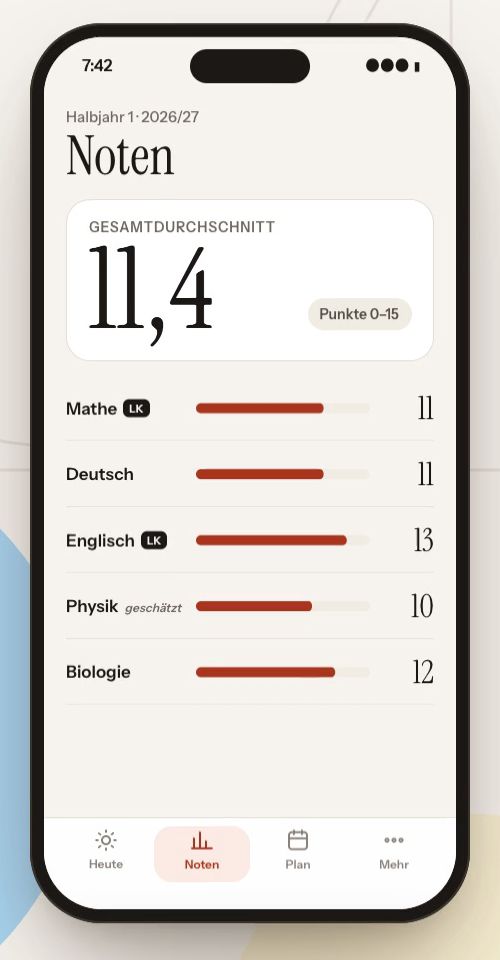 Screenshot 3: Noten overview in the Oberstufe with LK/GK grouping