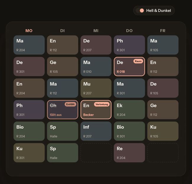 Screenshot 5: Stundenplan grid with changes, light and dark mode side by side