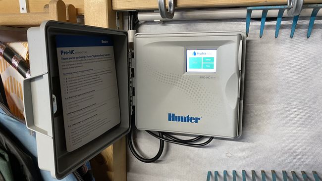 Hunter Hydrawise controller in our garden house Hunter Hydrawise
