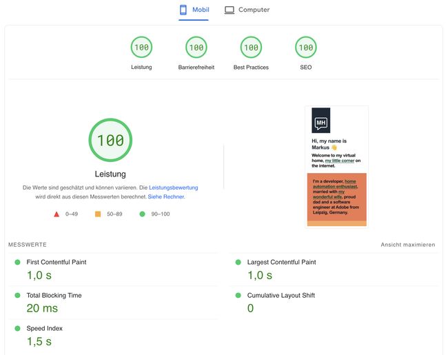 Google PageSpeed Insights Report for markus-haack.com tested on May 9th 2023 Google PageSpeed Insights Report